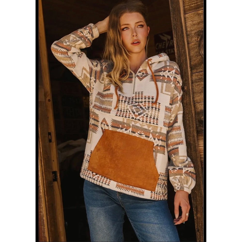 Aztec Print Pullover Hoodie Western Style Half Zip Up Kangaroo‎ Pocket Sweater